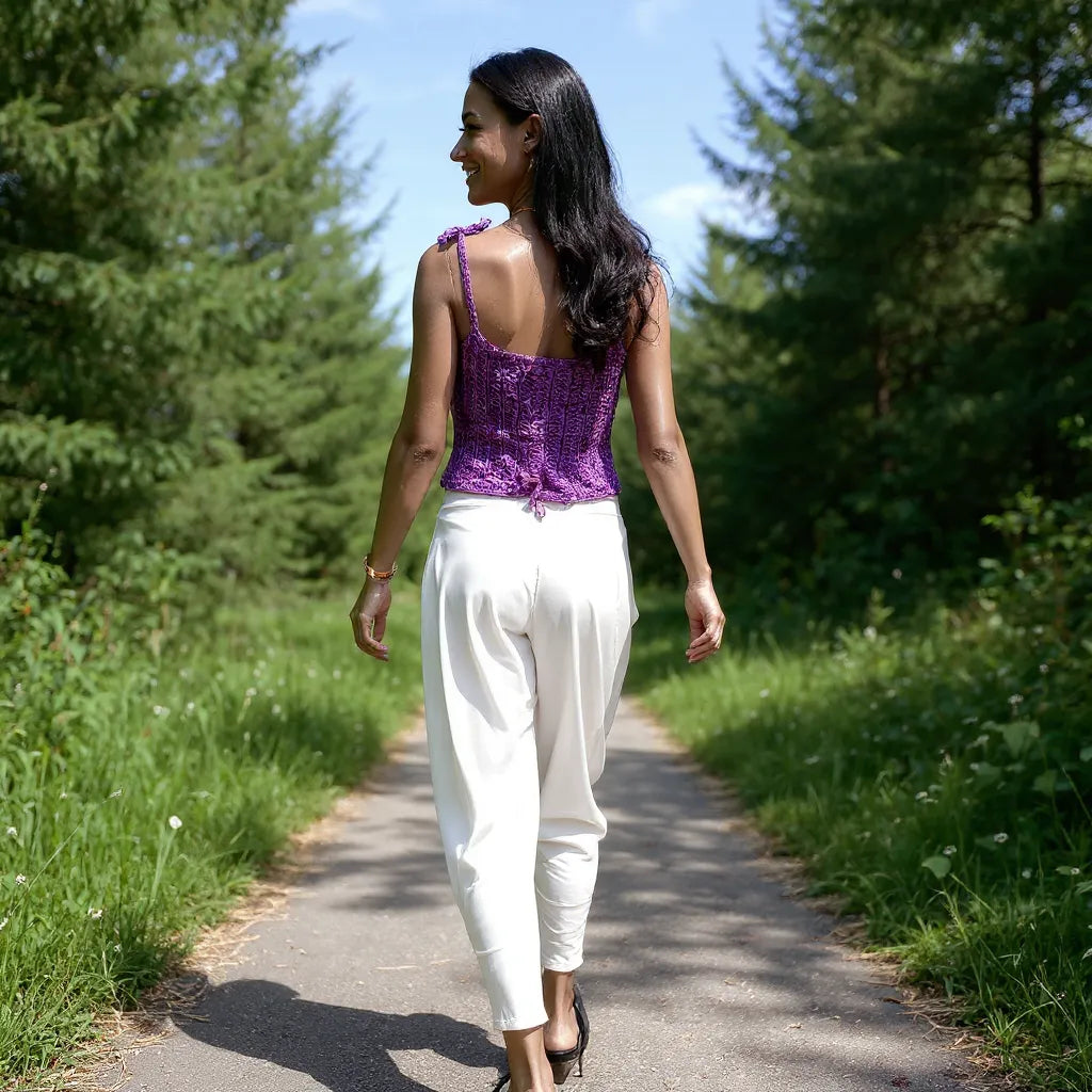 Top au crochet Campanulo de Cachalabibi - vue de dos d'une jeune femme sur un chemin forestier