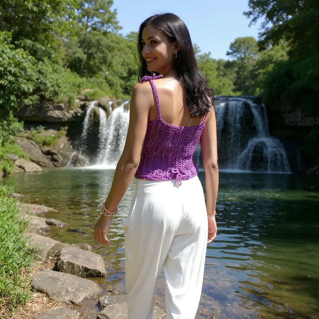Top au crochet Campanulo de Cachalabibi - vue dos d'une femme en pantalon blanc au bord de la cascade
