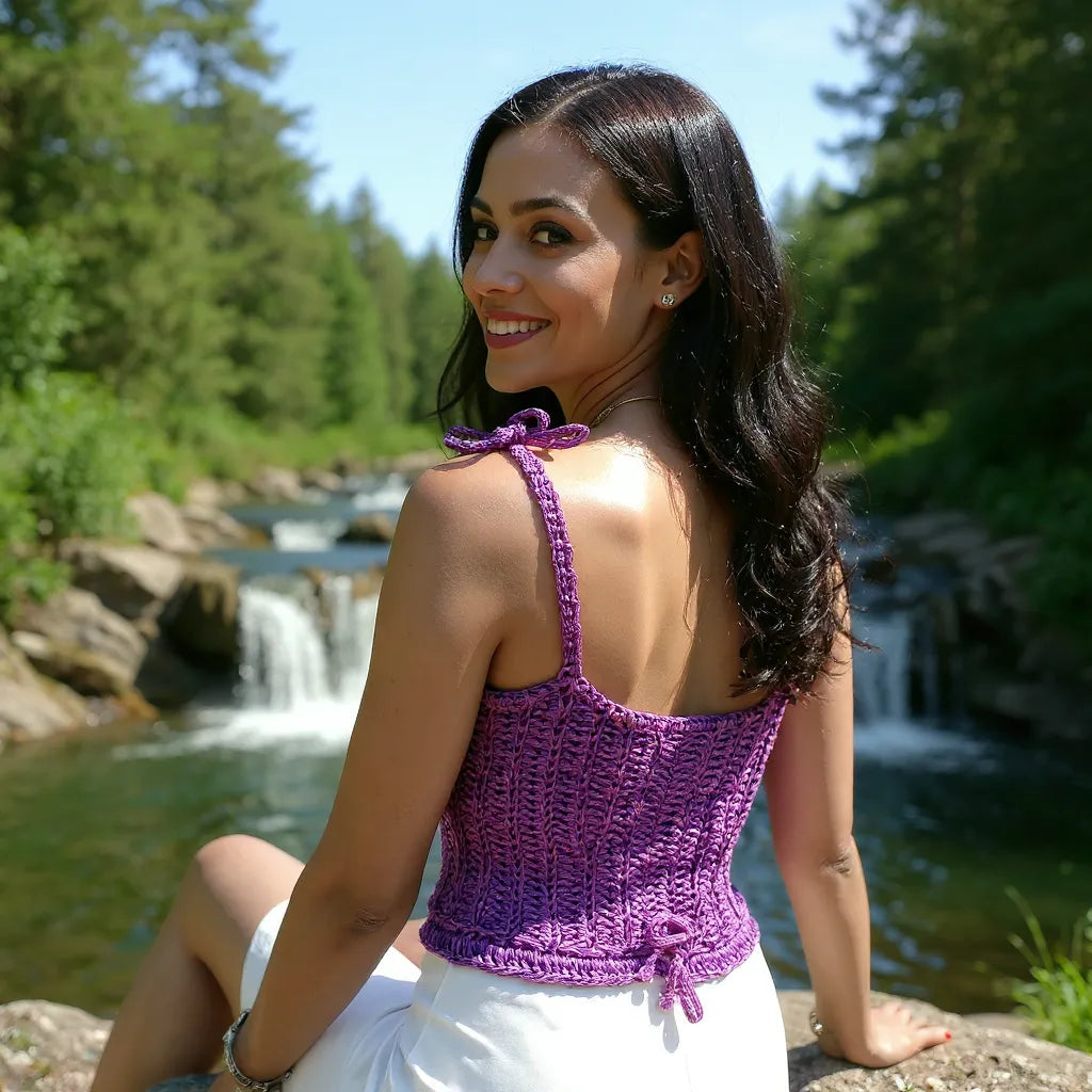 Top au crochet Campanulo de Cachalabibi  -  jeune femme assise au bord de la cascade avec un sourire radieux