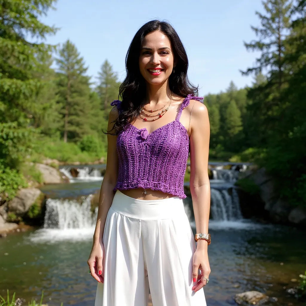 Top au crochet Campanulo de Cachalabibi - vue de face avec décolleté en cœur près d'une cascade