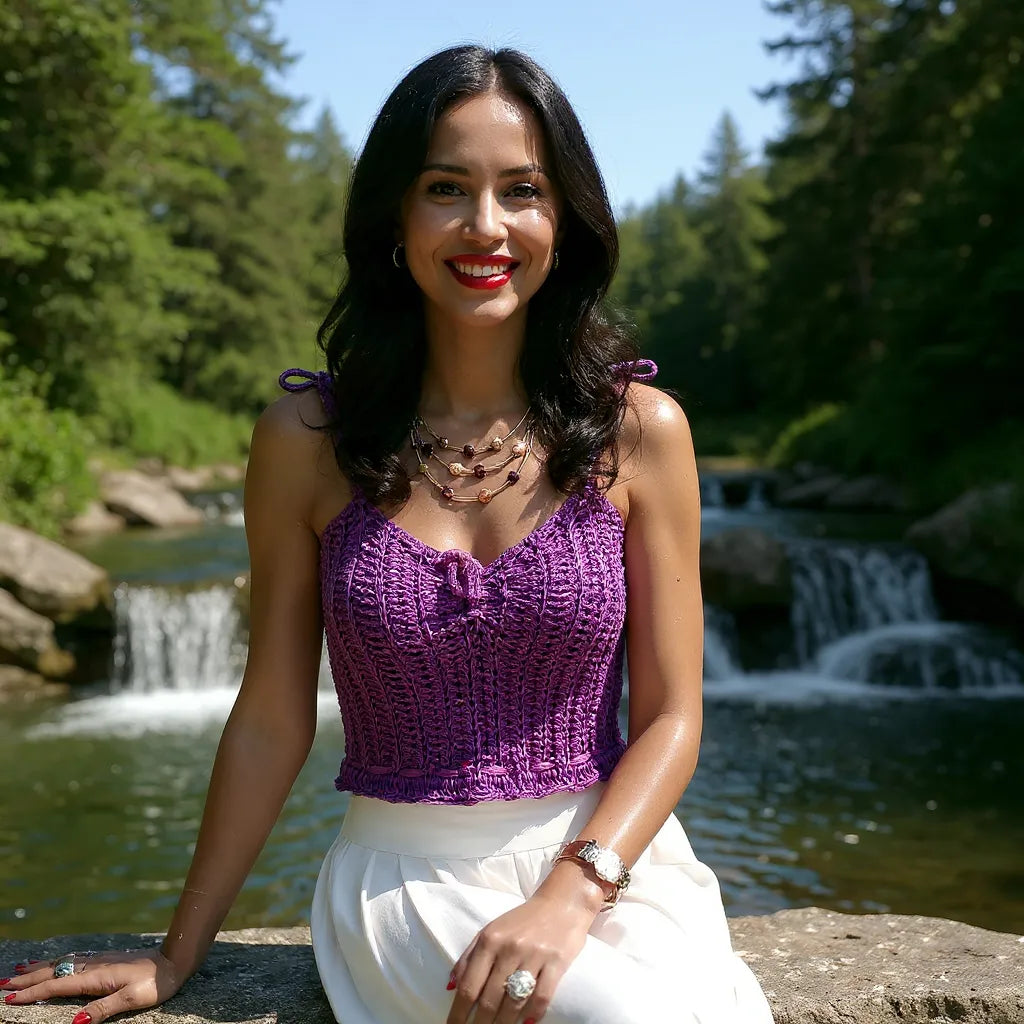 Top au crochet Campanulo de Cachalabibi - vue de face avec décolleté en cœur près de la cascade