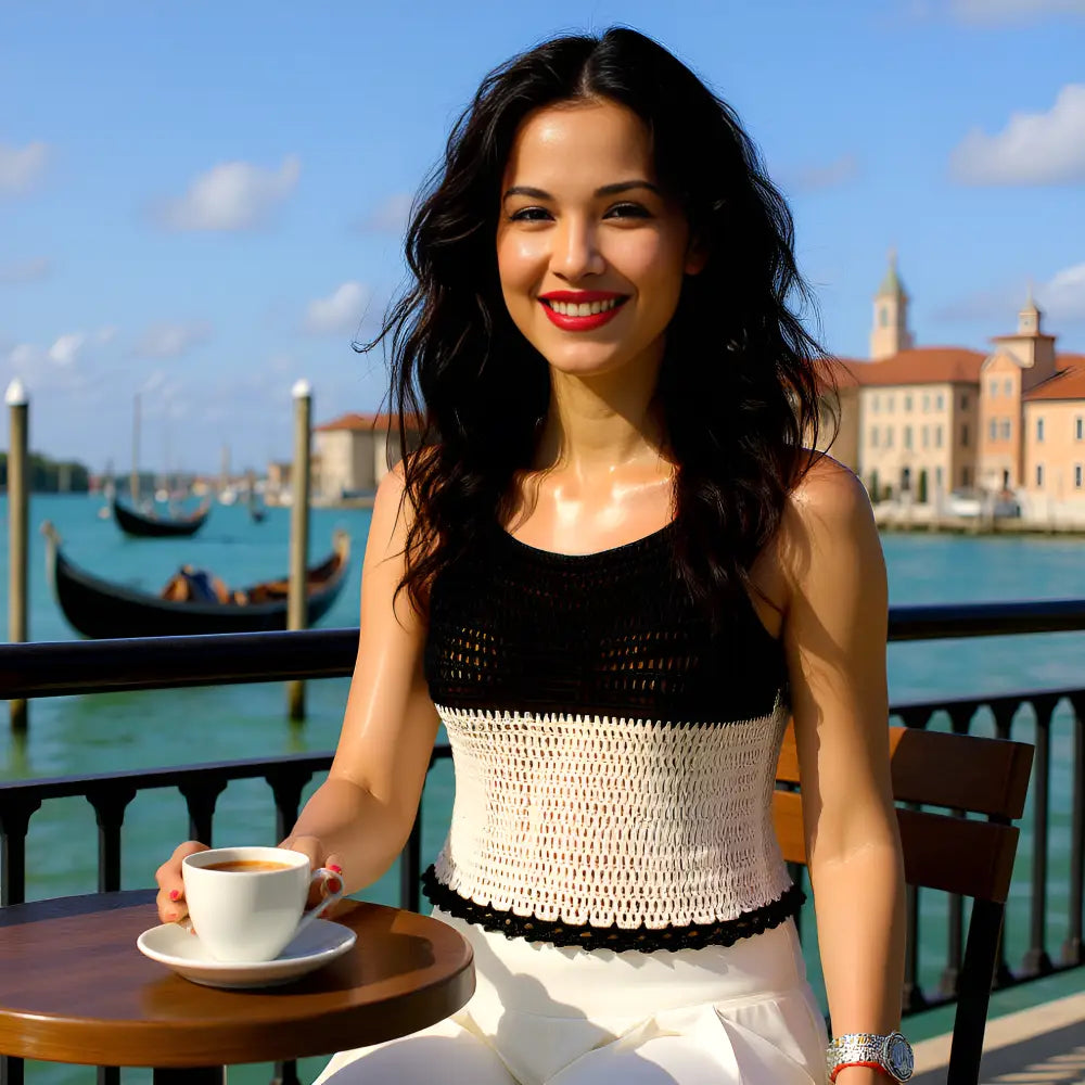 Top au crochet Diane de Cachalabibi - Vue depuis une terrasse de jeune femme à Venise devant le Canal