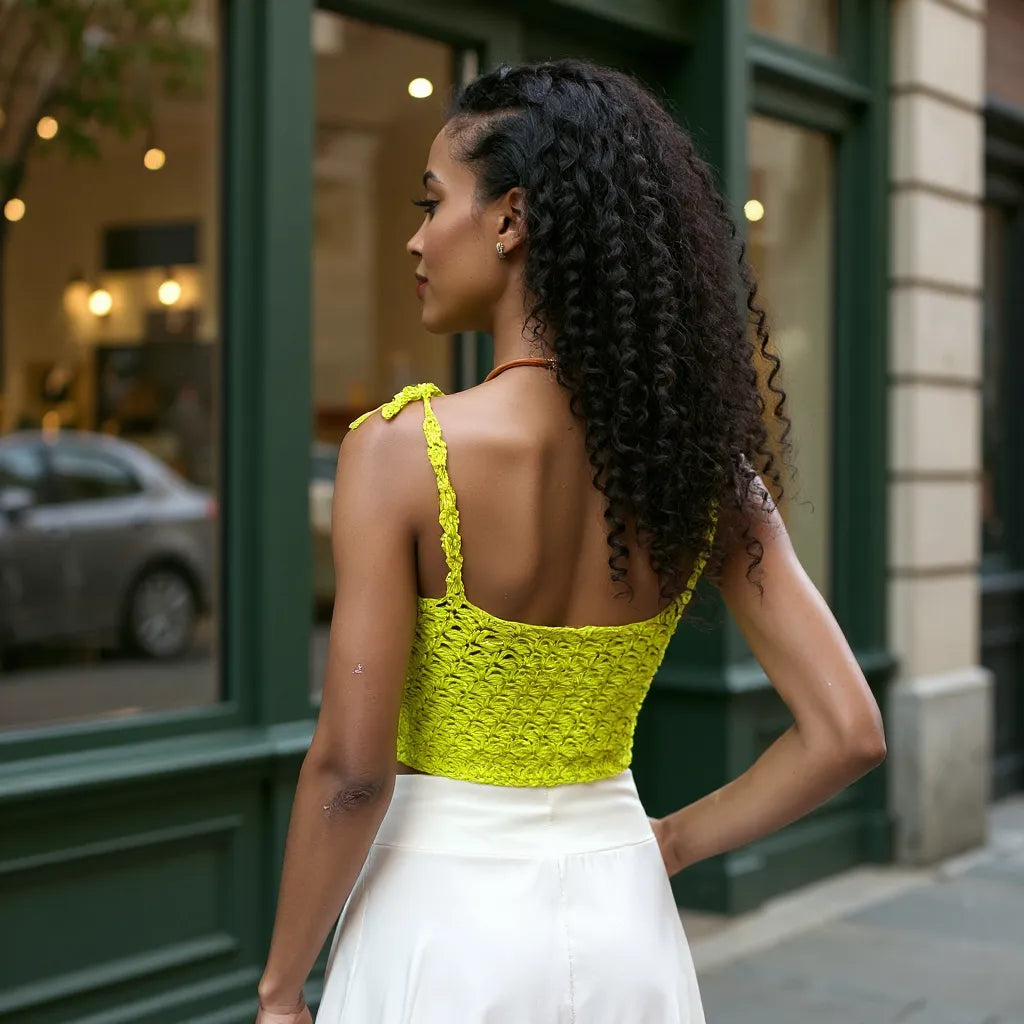 Top au crochet Finocchio de Cachalabibi - vue de dos devant une vitrine de grand magasin à Paris