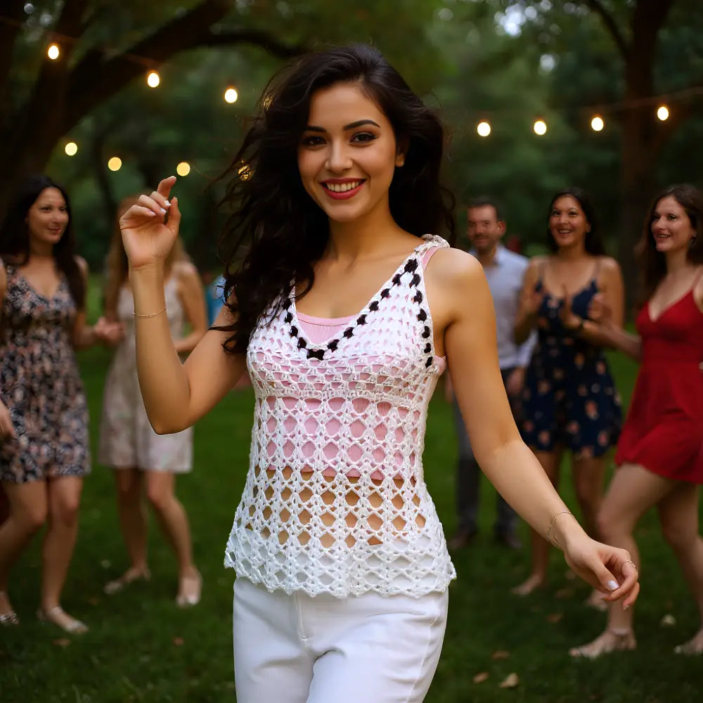 Top au crochet Insonno de Cachalabibi - détail du décolleté en V profond avec bordure noire contrastante