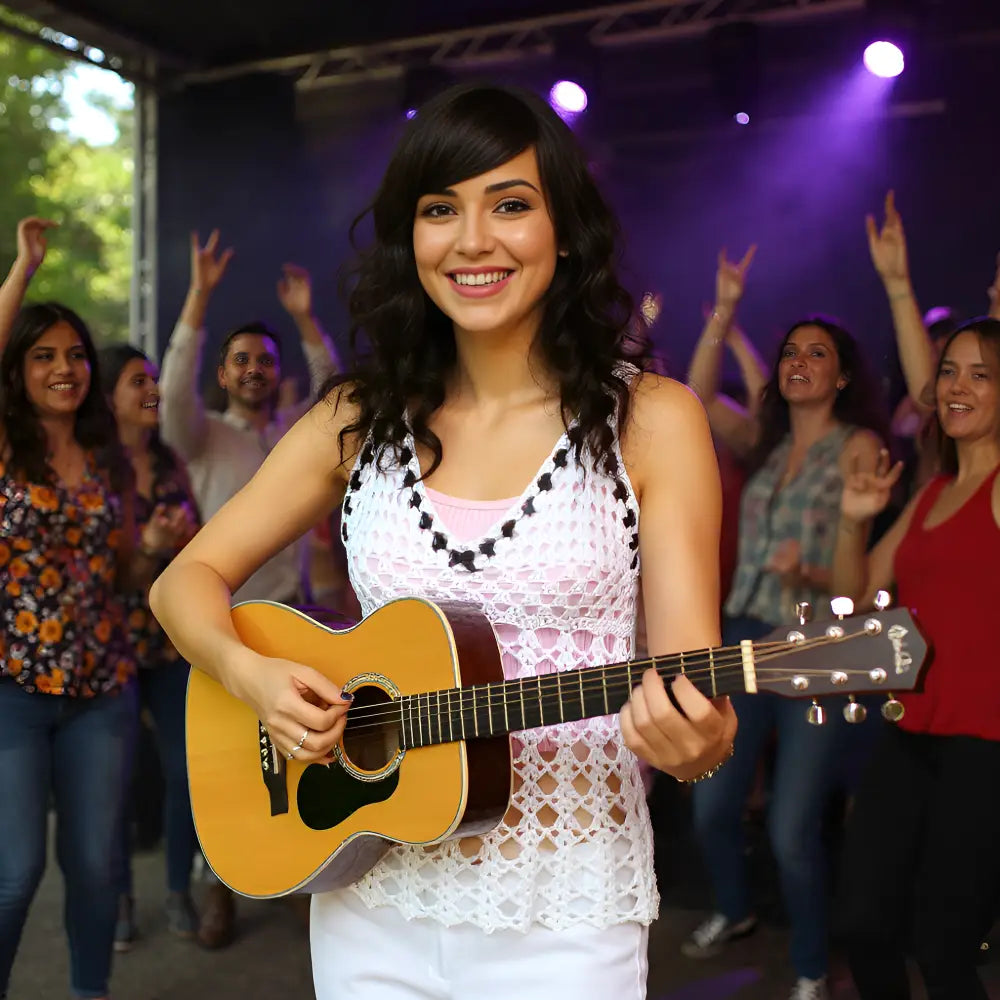 Top au crochet Insonno de Cachalabibi - porté par une jeune fille qui joue de la guitare entre amis