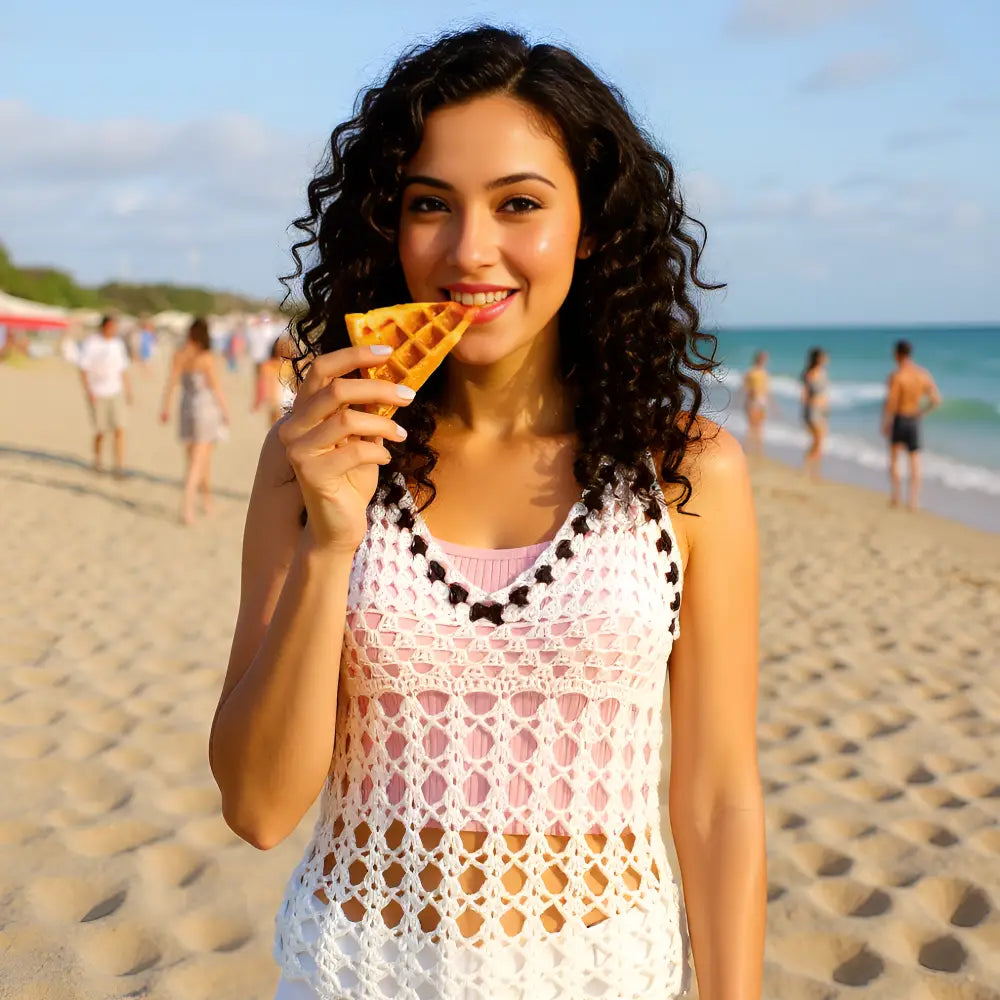 Top au crochet Insonno de Cachalabibi - vue de face d'une jeune femme à la plage en train de manger une gaufre
