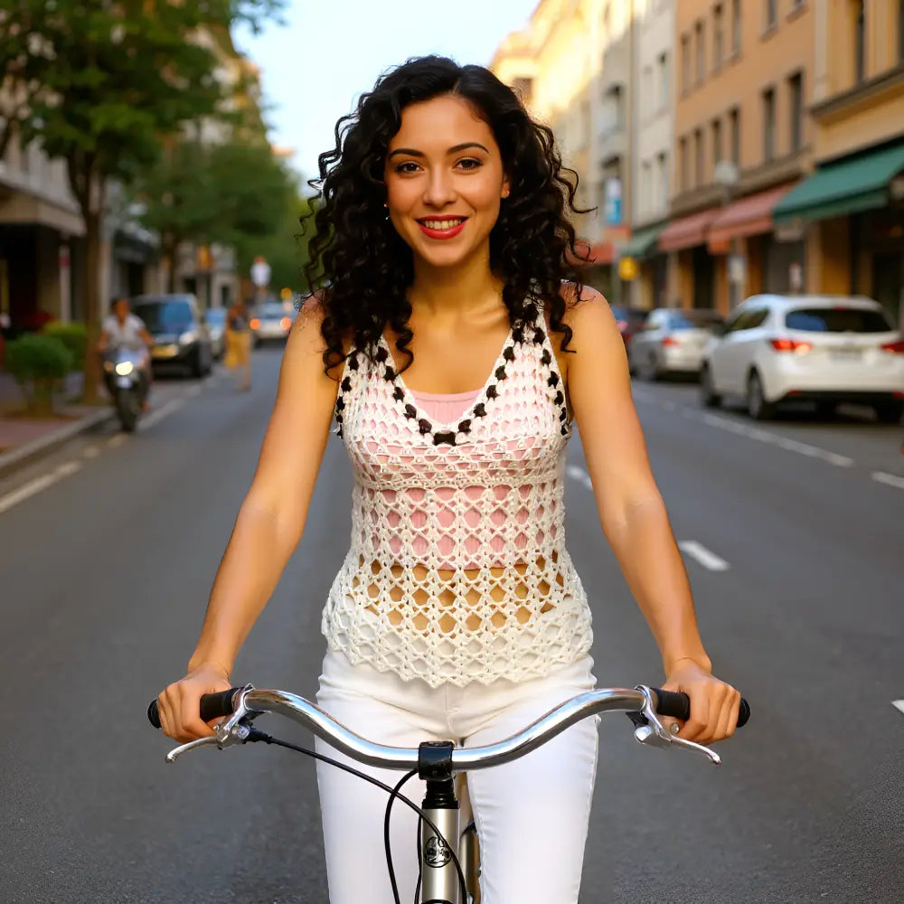 Top au crochet Insonno de Cachalabibi - vue de face d'une jeune femme qui se déplace à vélo en ville