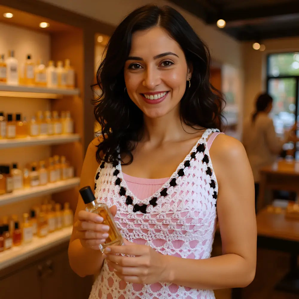 Top au crochet Insonno de Cachalabibi - vue de face d'une jeune femme qui teste en parfumerie un flacon de parfum