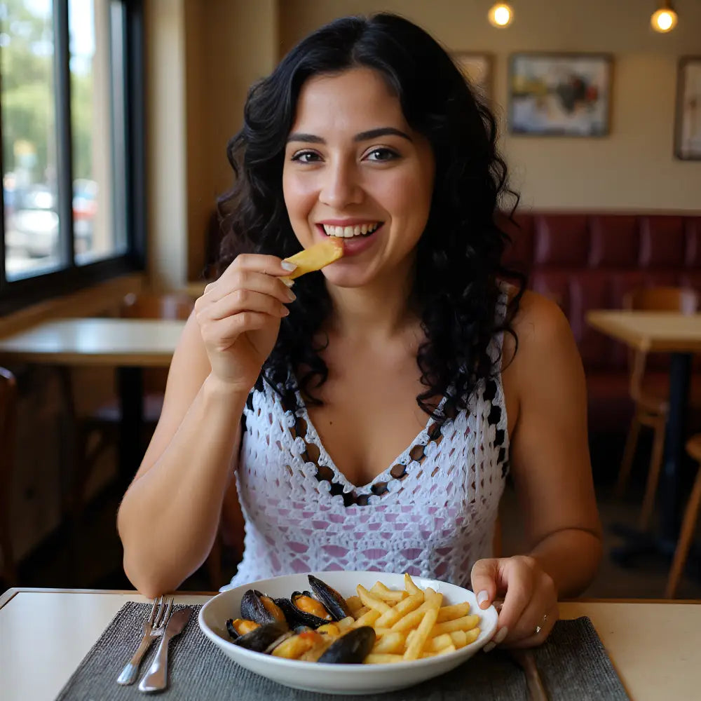 Top au crochet Insonno de Cachalabibi - vue de face au restaurant d'une jeune femme qui mange des frites et des moules