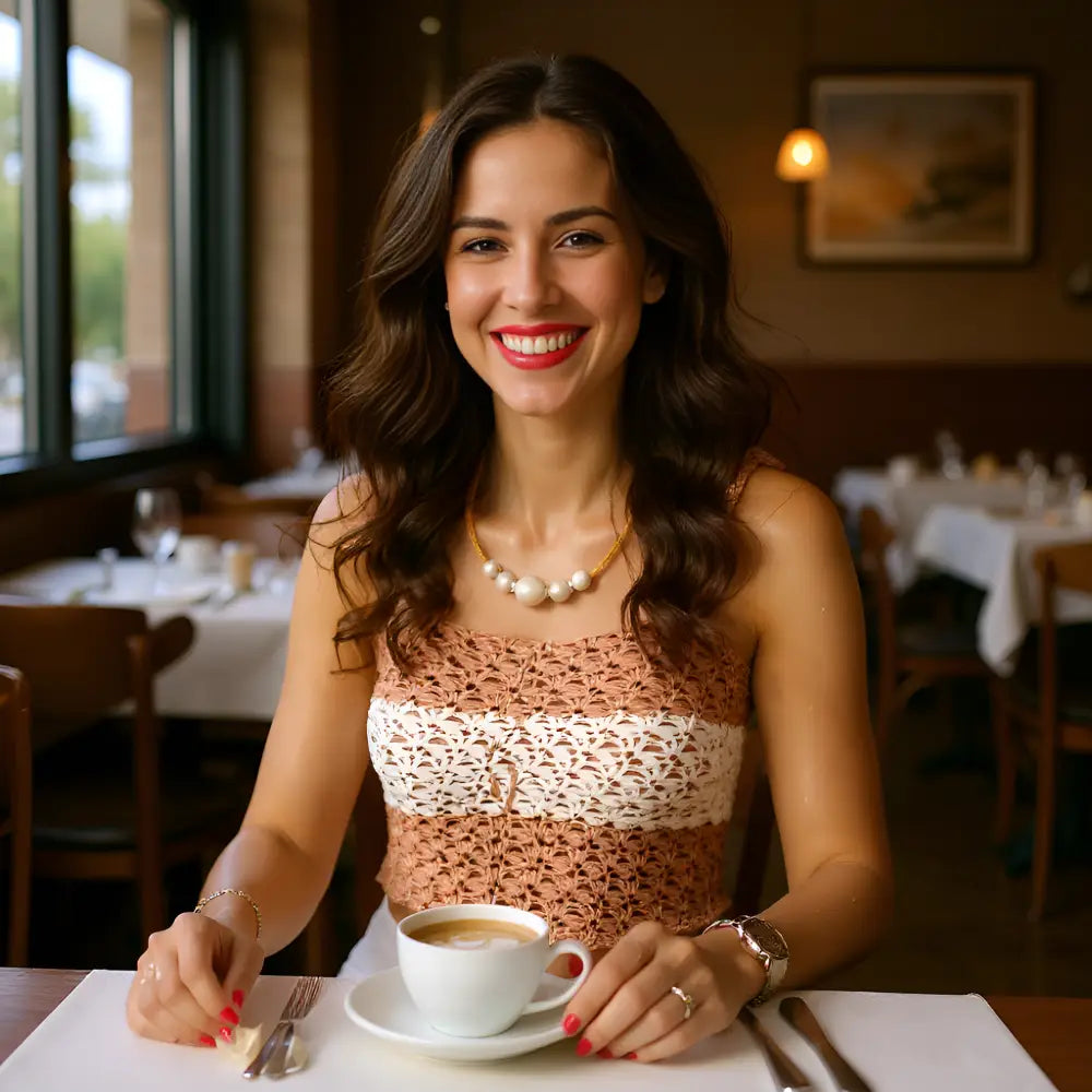 Top au crochet Kiléboceo de Cachalabibi - vue de face d'une jeune femme qui prend un café ans un restaurant gastronomique