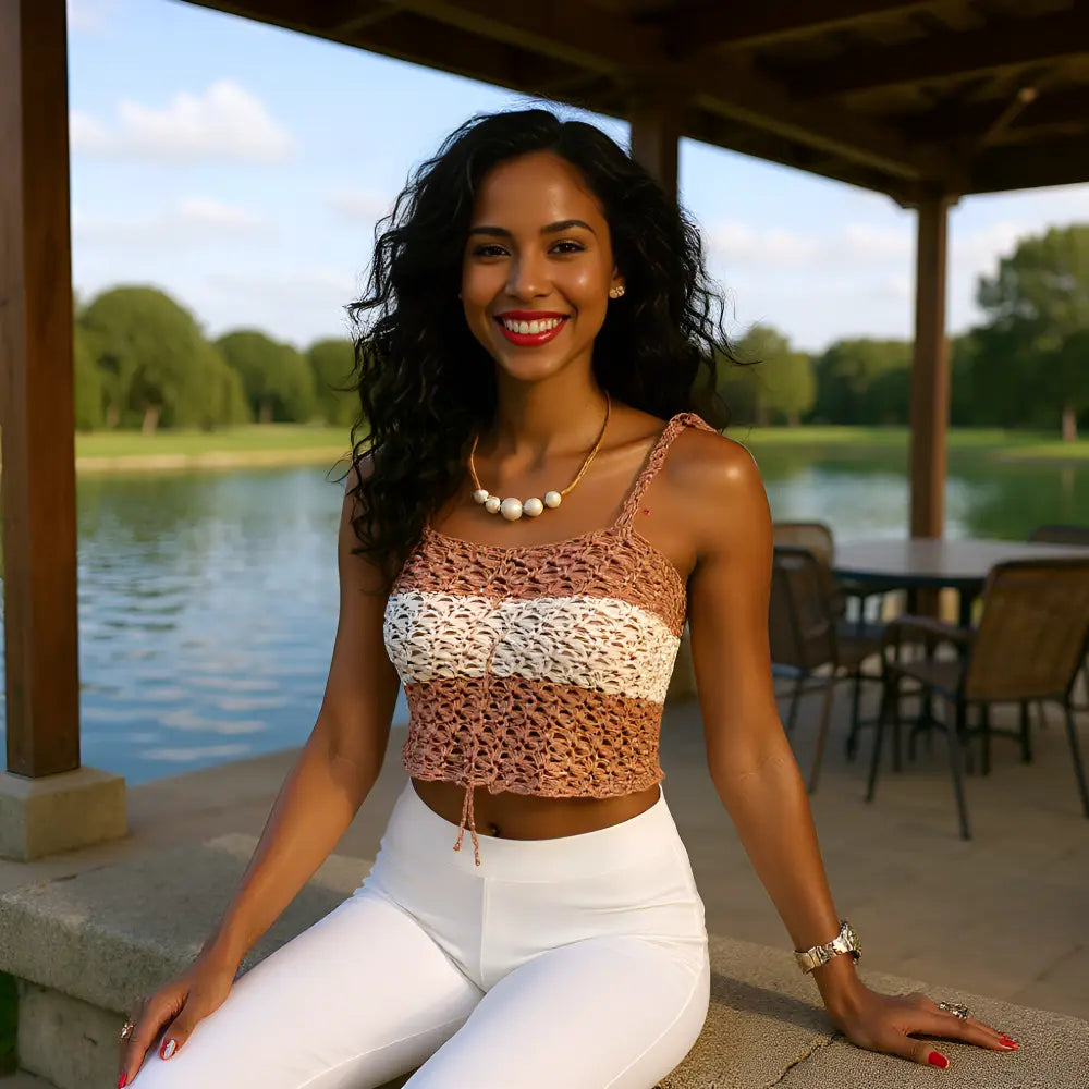 Top au crochet Kiléboceo de Cachalabibi - gros plan sur le point de crochet en grille ajouré bicolore avec le lien non tiré