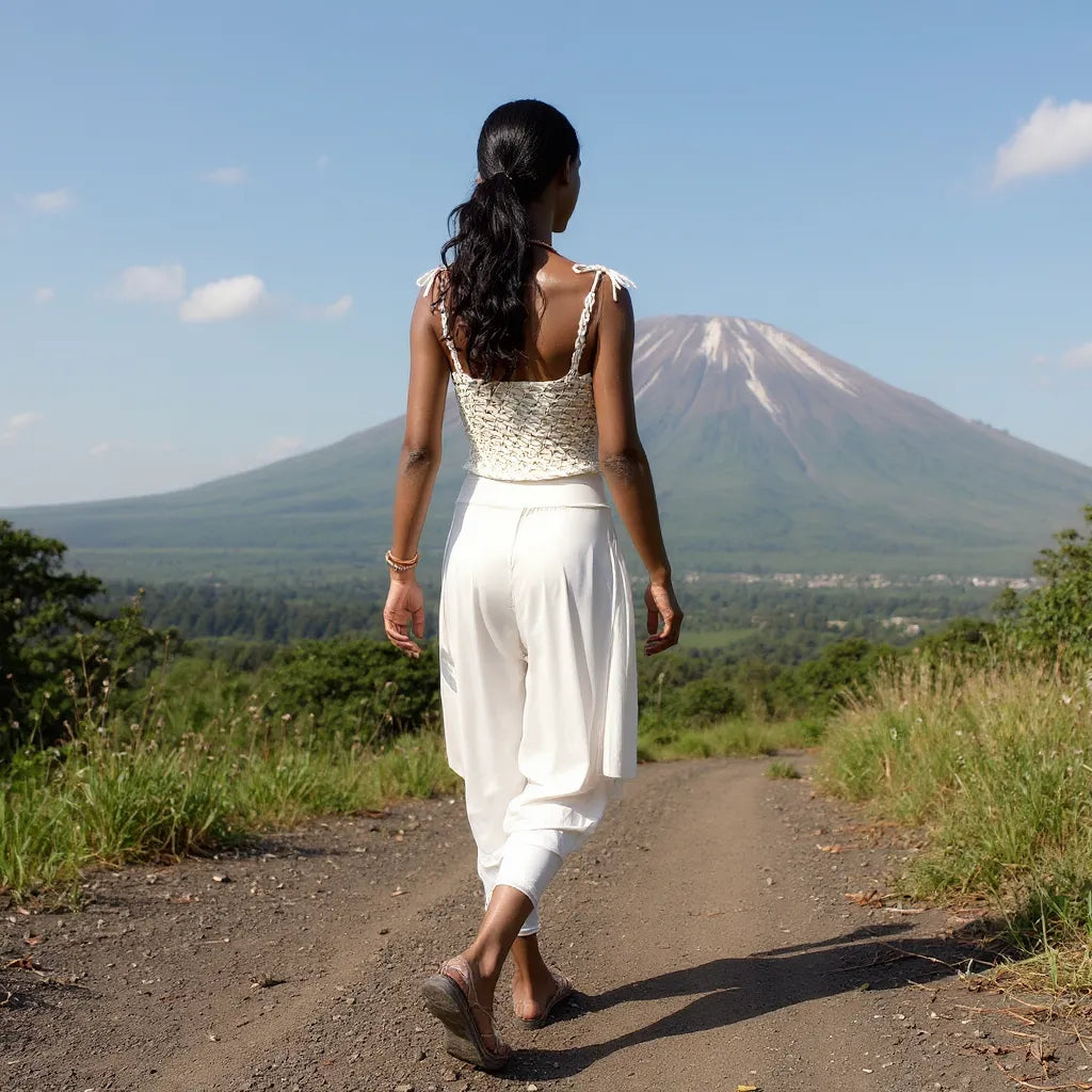 Top au crochet Kiliman de Cachalabibi - vue de dos d'une jeune femme en randonnée au Kilimandjaro