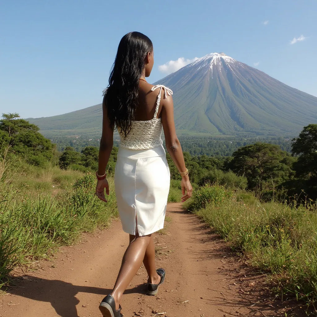 Top au crochet Kiliman de Cachalabibi - vue de dos en randonnée au Kilimandjaro avec vue sur le volcan