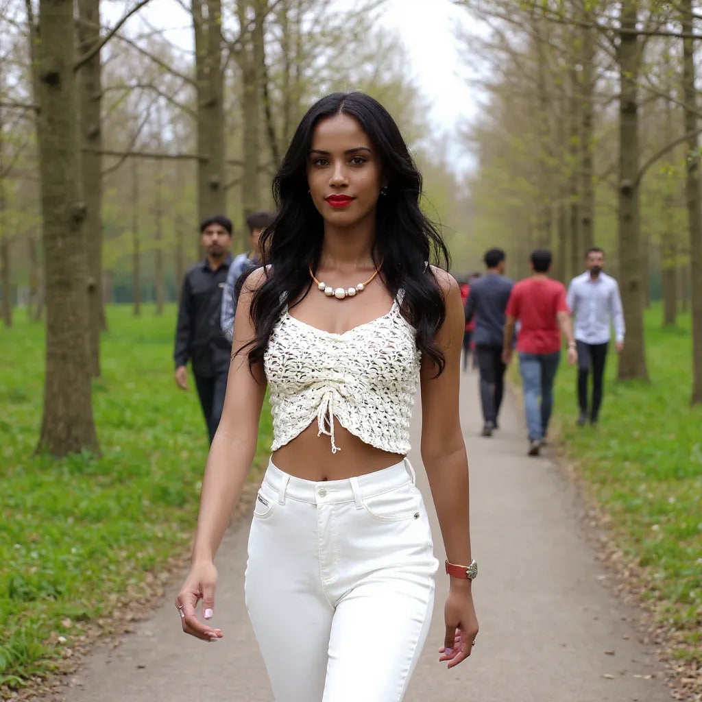 Top au crochet Kiliman de Cachalabibi - vue de face en promenade d'une jeune femme sur un chemin forestier