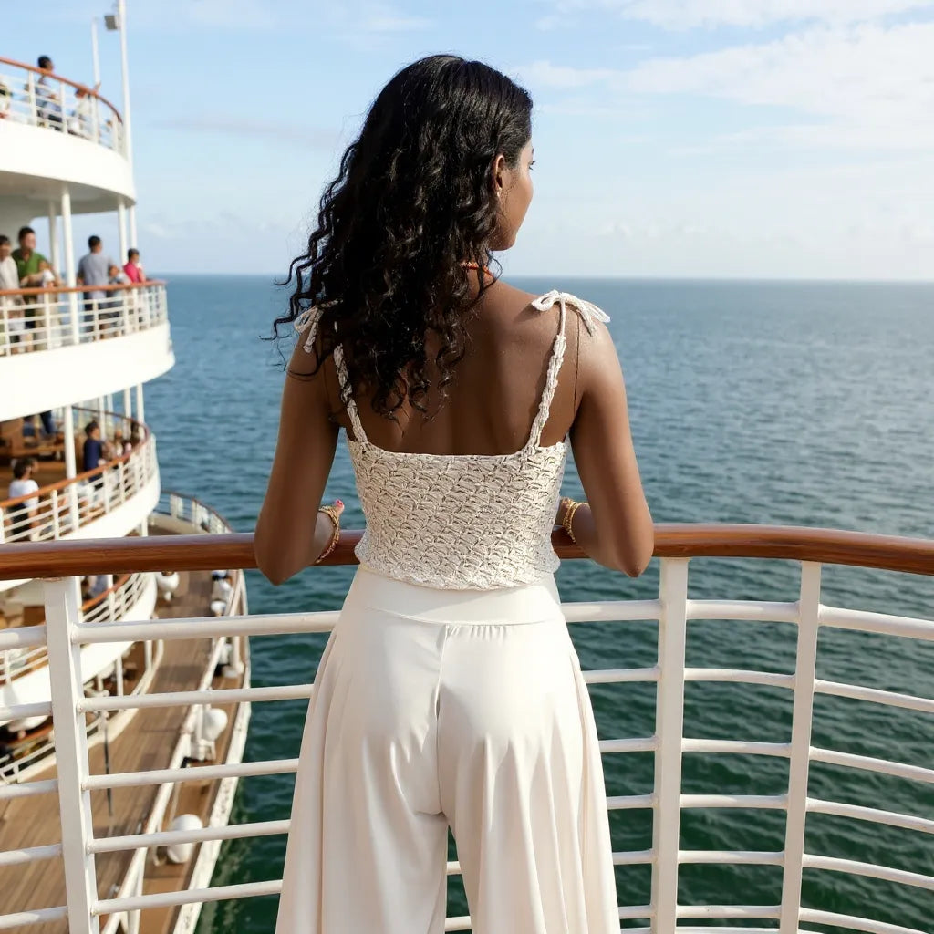 Top au crochet Kiliman de Cachalabibi - vue de dos en croisière sur le pont du bateau d'une femme brune