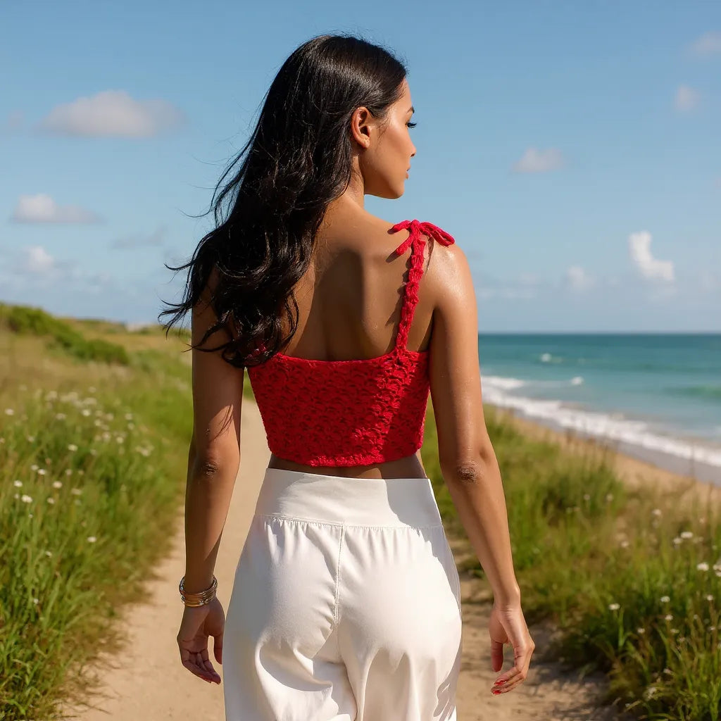 Top au crochet Marsianne de Cachalabibi - vue de dos d'une jeune femme sur un sentier longeant la plage