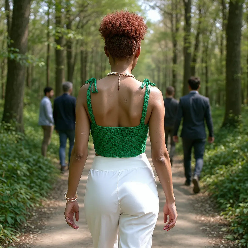 Top au crochet Mentholo de Cachalabibi -- vue de dos d'une femme rousse qui se promène en forêt avec du monde
