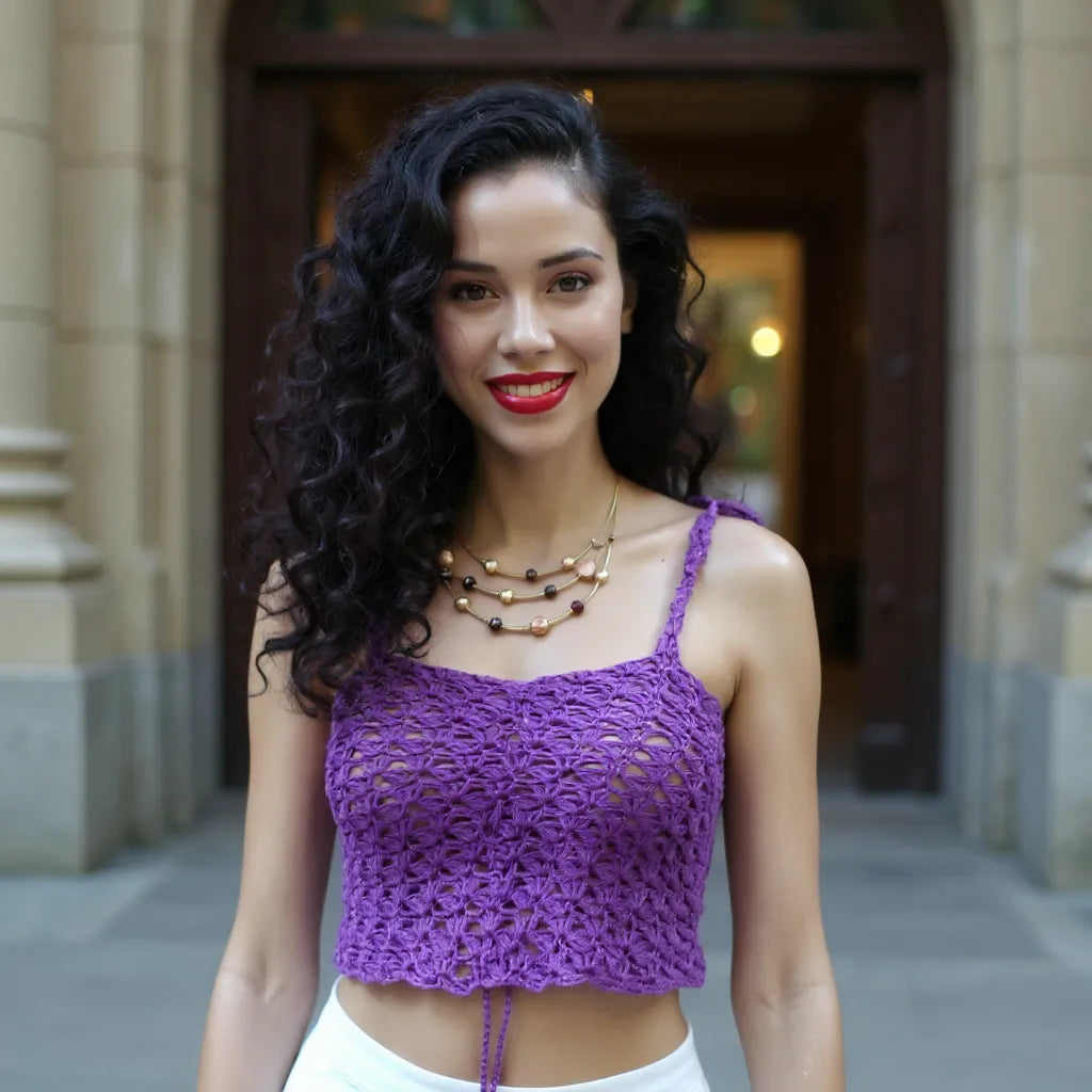 Top au crochet Purple Rain de Cachalabibi  - détail du cordon de devant ajustable et non tiré pour la seconde présentation