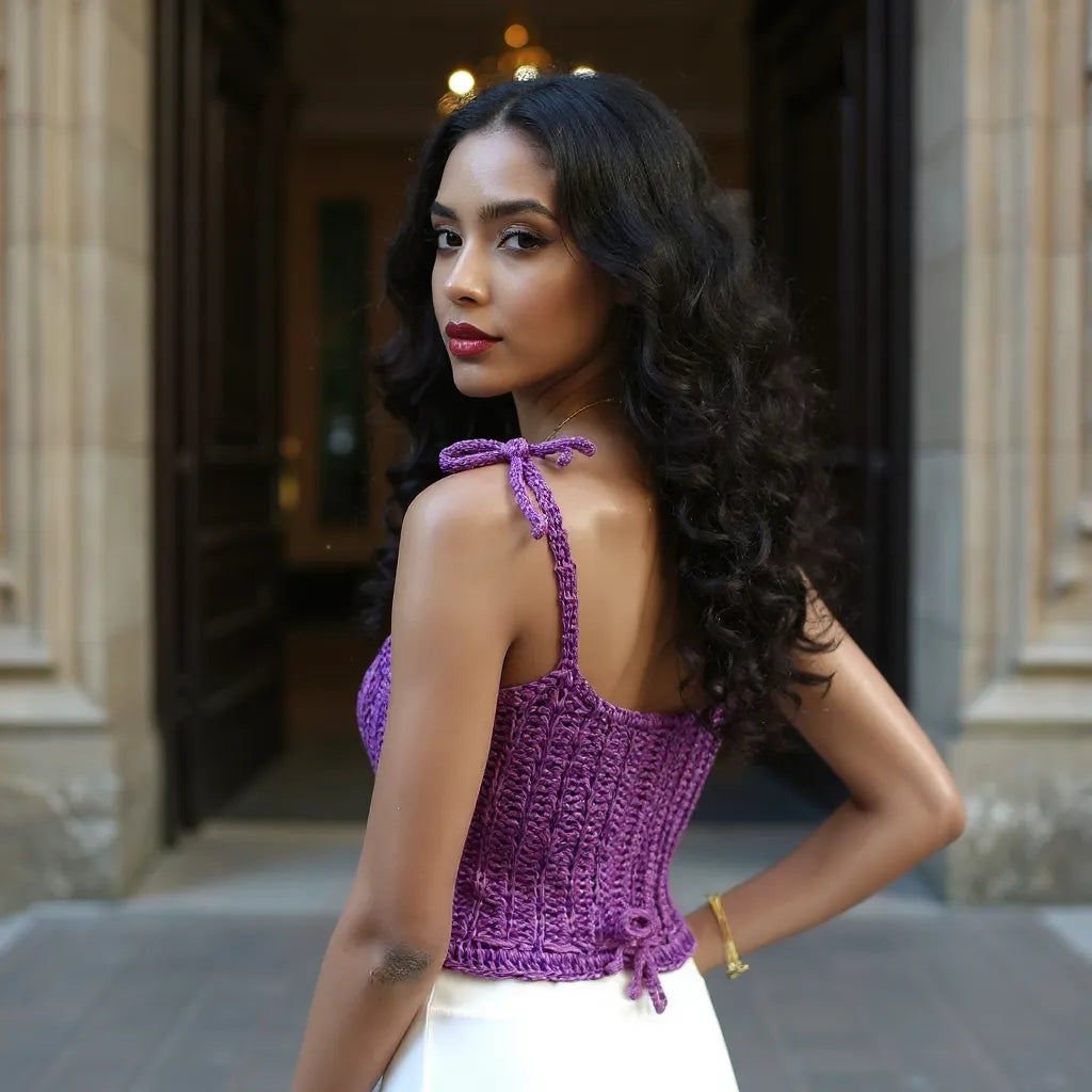 Top au crochet Purple Rain de Cachalabibi  - Vue de dos du côté gauche sur une jeune femme aux cheveux noirs