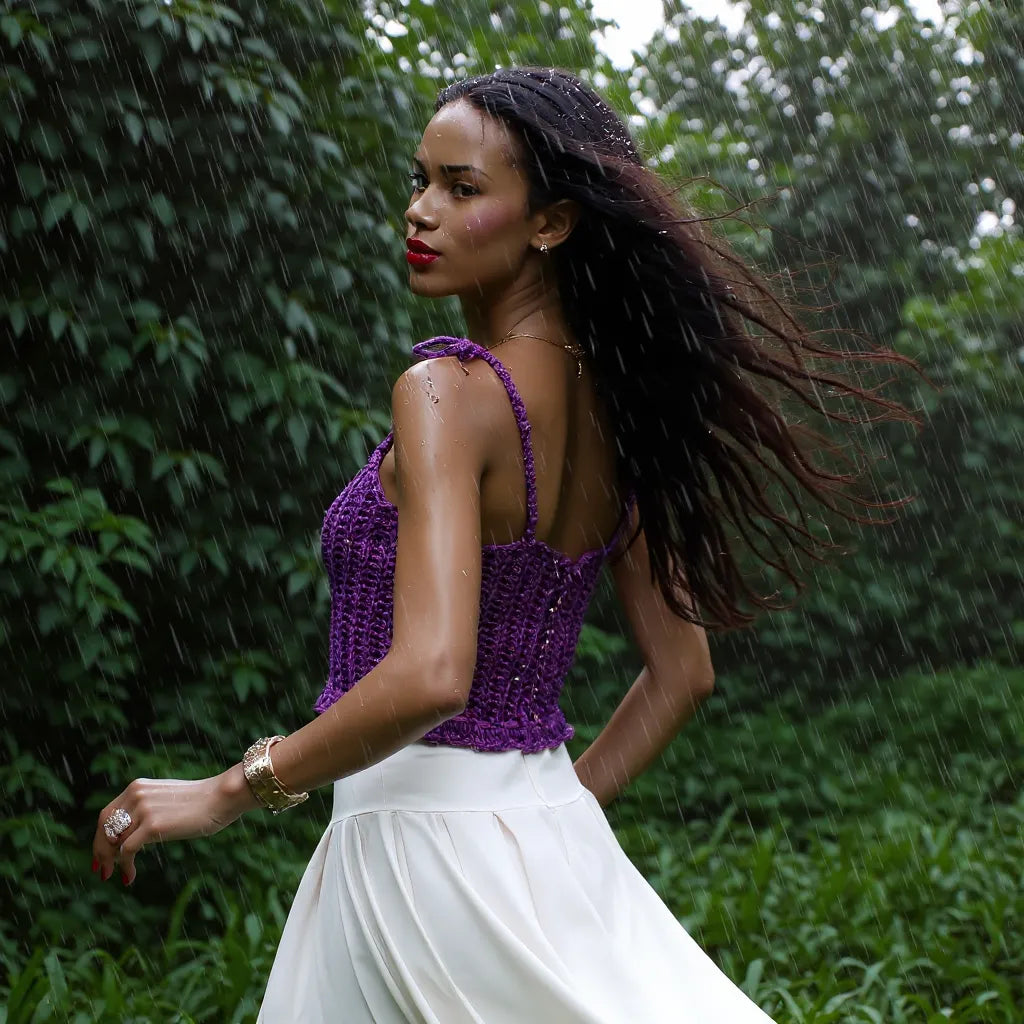 Top au crochet Purple Rain de Cachalabibi  - vue de profil sous la pluie tropicale d'une jeune femme qui marche vite