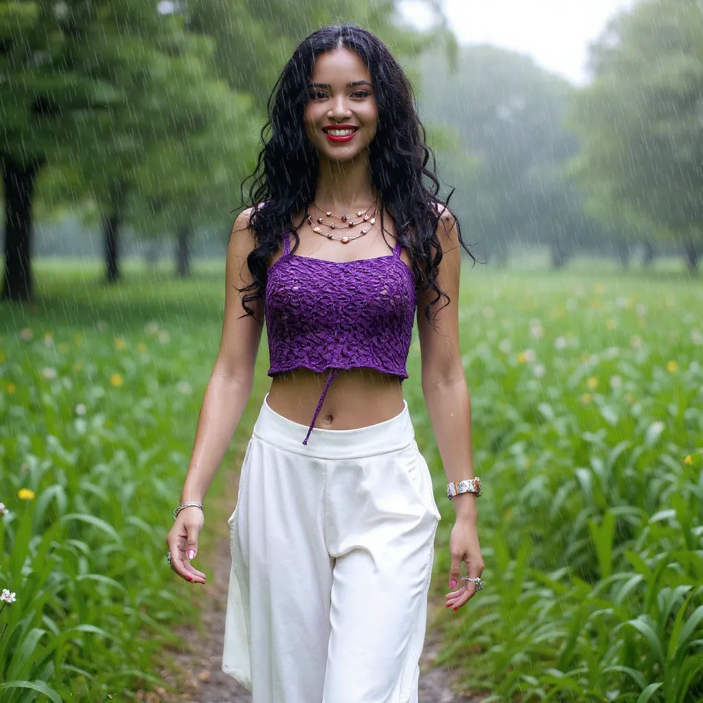 Top au crochet Purple Rain de Cachalabibi  - vue de face en promenade nature sous la pluie d'une jeune femme