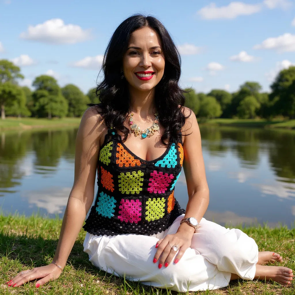 Top au crochet Quadrato de Cachalabibi - vue de face d'une femme assise sur l'herbe devant un étang