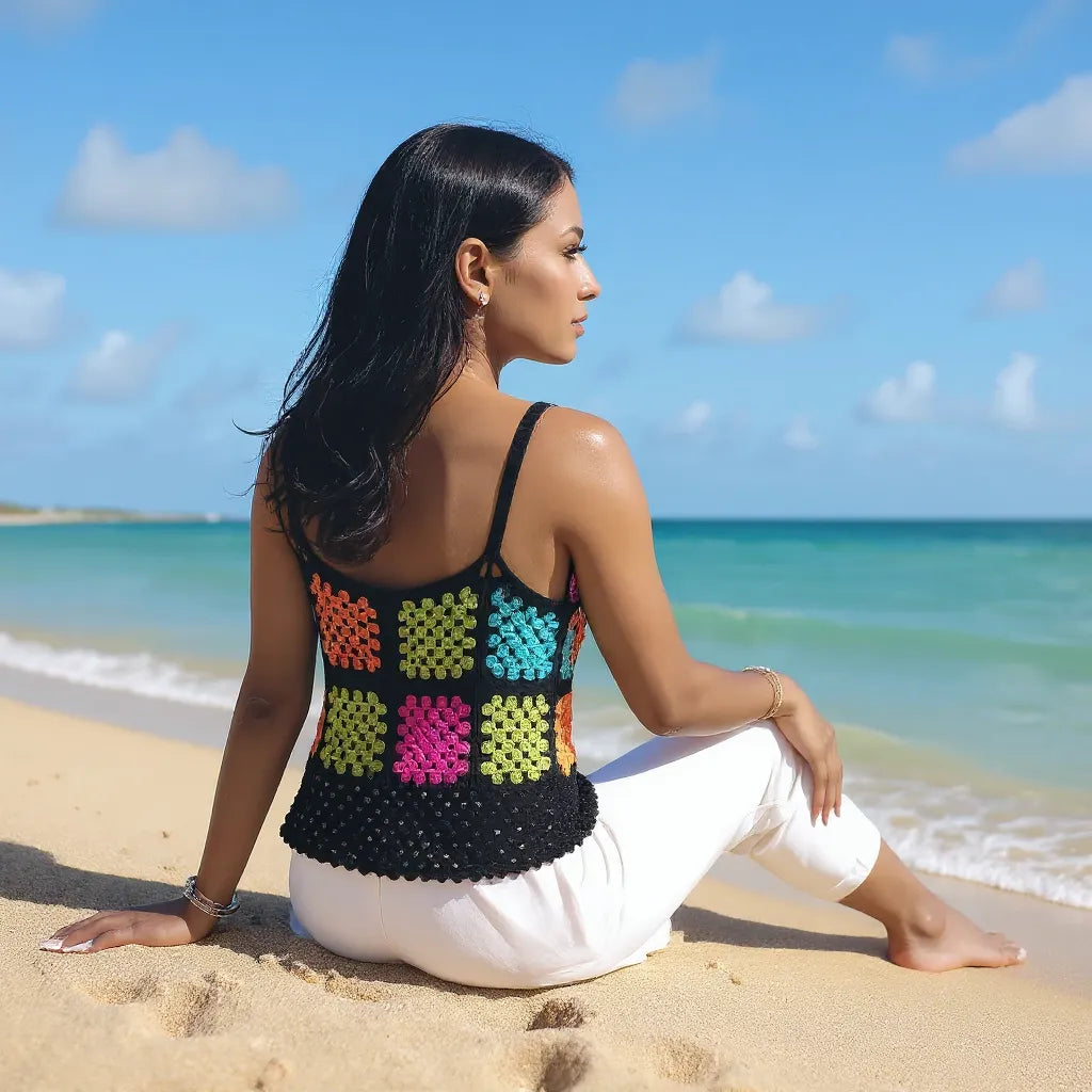 Top au crochet Quadrato de Cachalabibi  - vue de dos d'une jeune femme assise à la plage sans personne autour d'elle