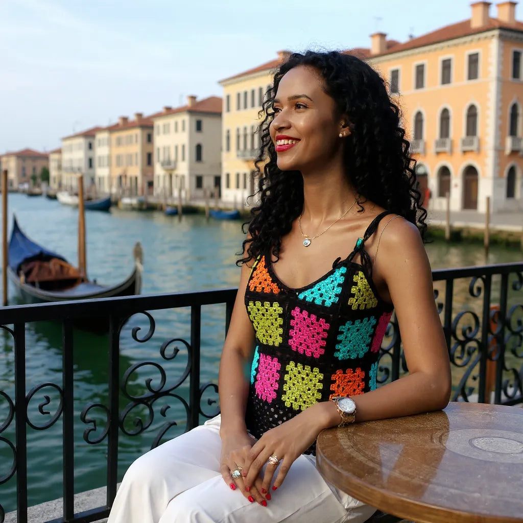 Top au crochet Quadrato de Cachalabibi - vue de face en terrasse à Venise avec le Grand Canal en arrière-plan