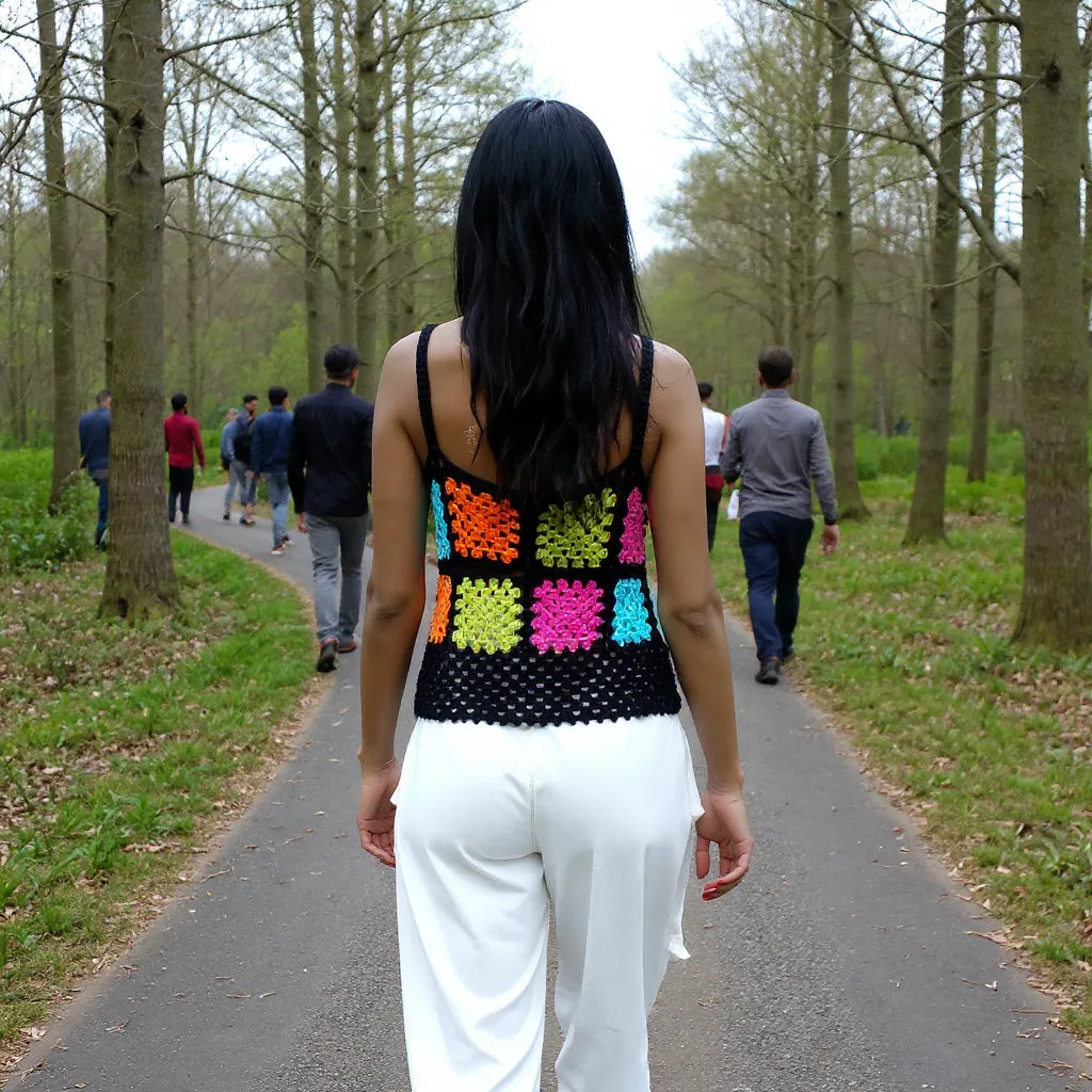 Top au crochet Quadrato de Cachalabibi - vue de dos en promenade au parc d'une jeune femme aux longs cheveux noirs