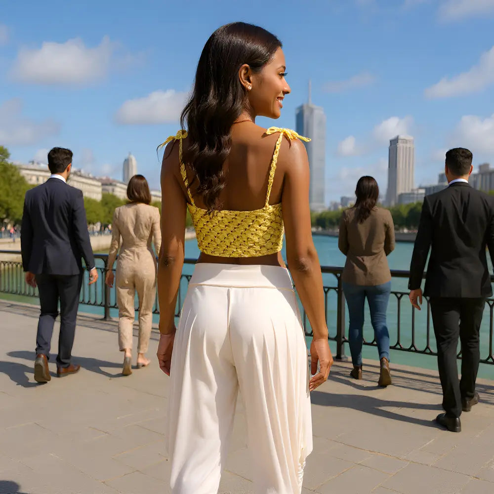 Top au crochet Saudade de Cachalabibi - vue de dos d'une jeune femme souriante sur les quais de Seine à paris