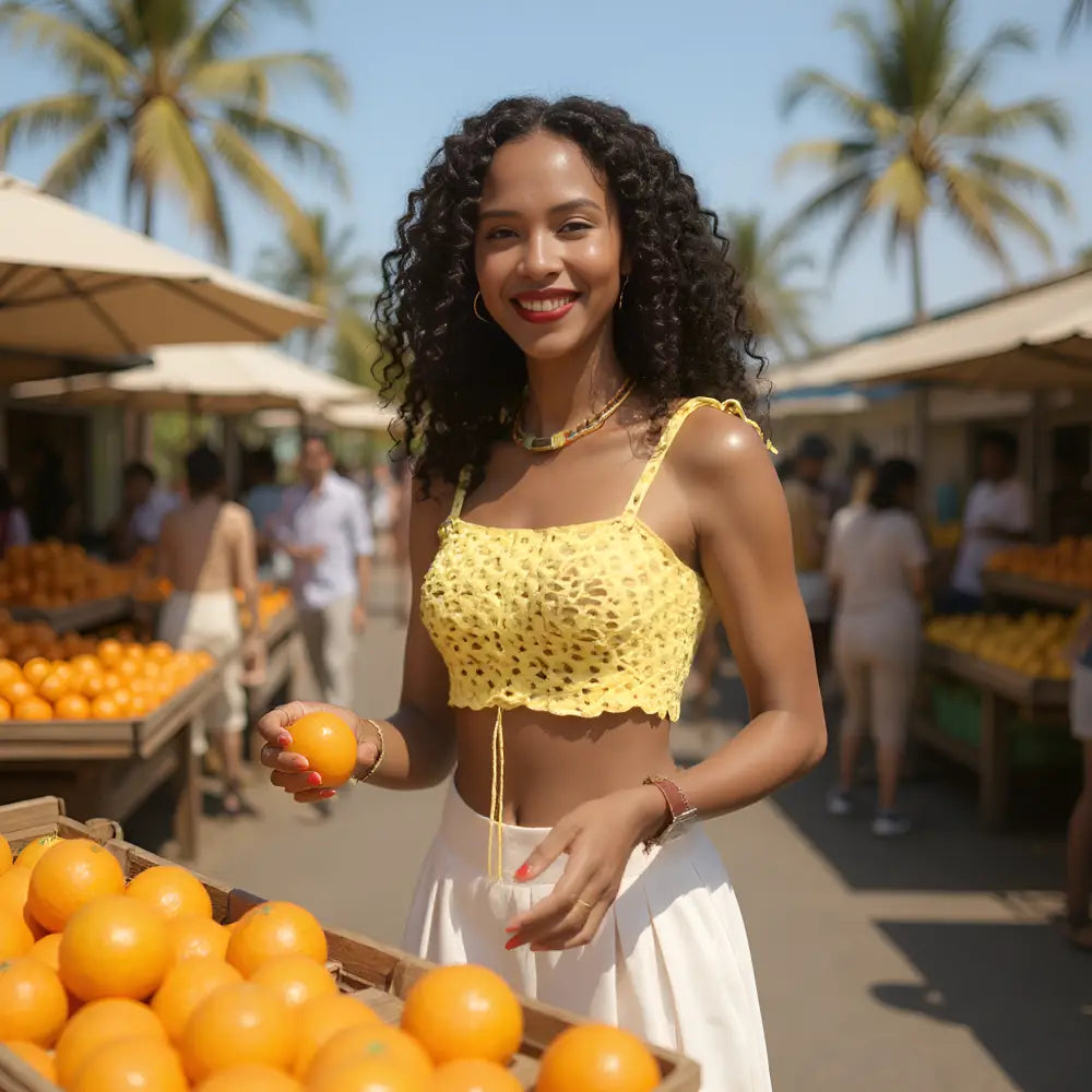 Top au crochet Saudade de Cachalabibi - vue de face au marché tropical aux oranges