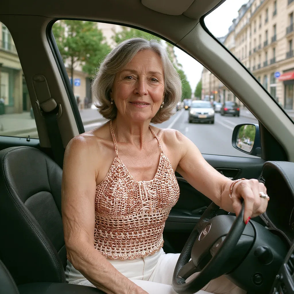 Top dos nu au crochet Caramello de Cachalabibi -dame âgée au volant de sa voiture dans Paris