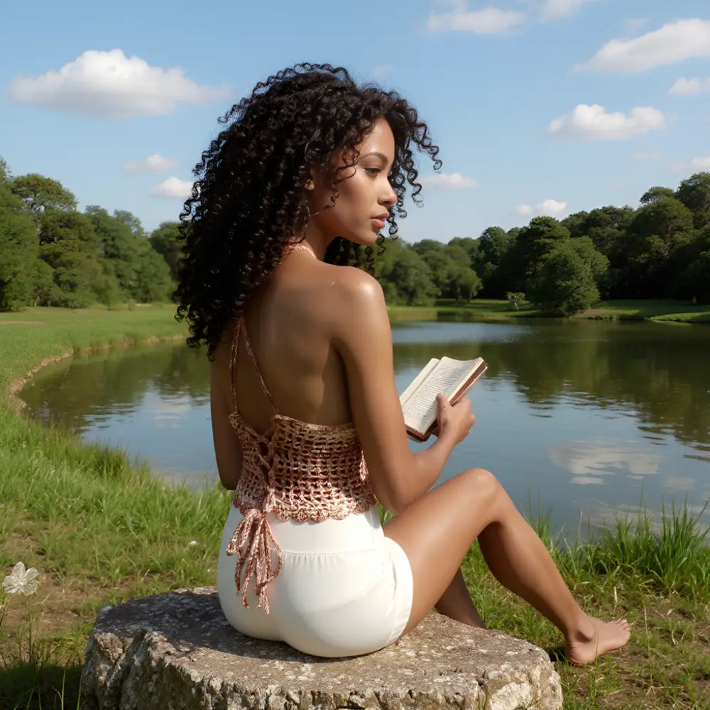 Top dos nu au crochet Caramello de Cachalabibi - assise en lecture au parc avec étang