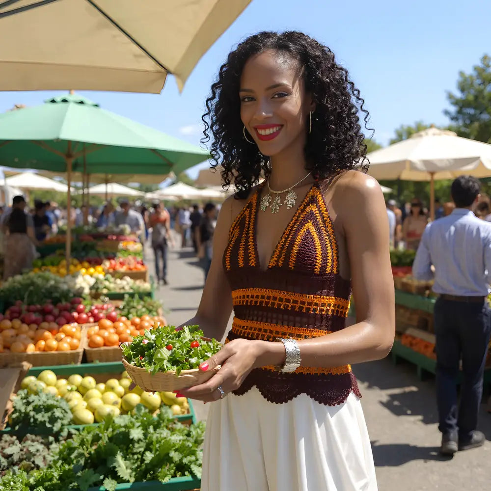 Top dos nu au crochet Choco de Cachalabibi - jeune femme aux cheveux noirs frisés dans un marché provençal