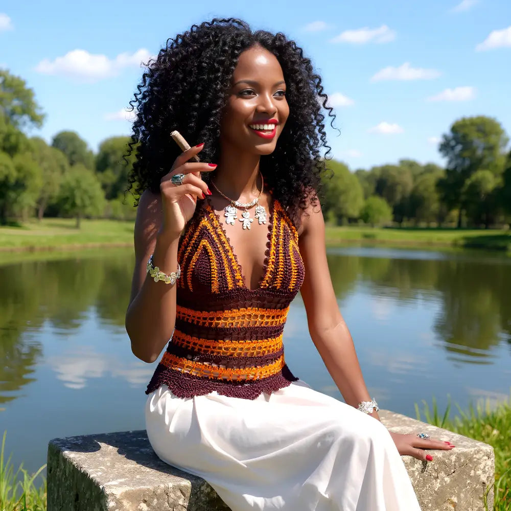 Top dos nu au crochet Choco de Cachalabibi - jeune femme assise au bord d'un étang avec une cigarette