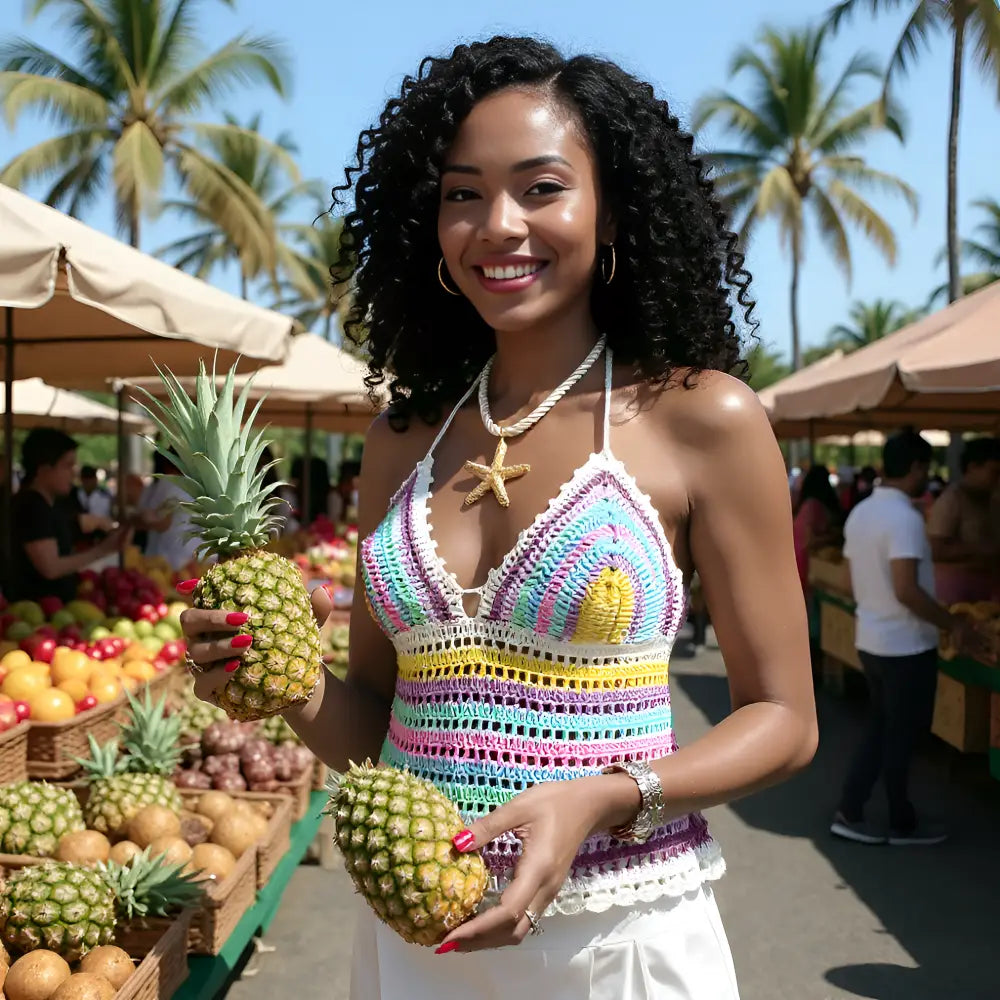 Top dos nu au crochet Jamaica de Cachalabibi - vue de face au marché tropical d'une femme qui achète des ananas