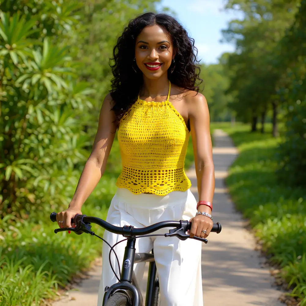 Top dos nu au crochet Kaliento de Cachalabibi - Vue de face porté par une jeune femme à vélo