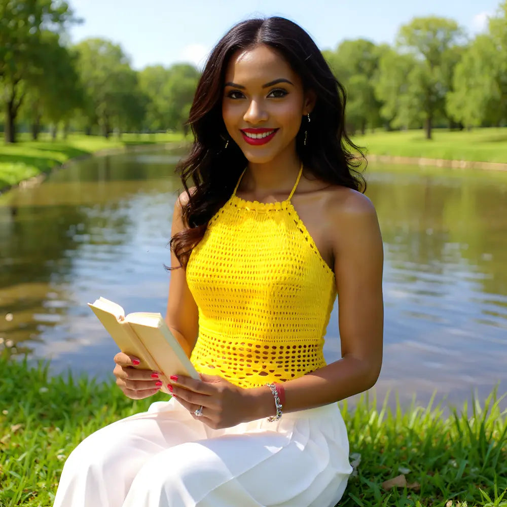 Top dos nu au crochet Kaliento de Cachalabibi - vue de face en lecture au parc près d'un étang