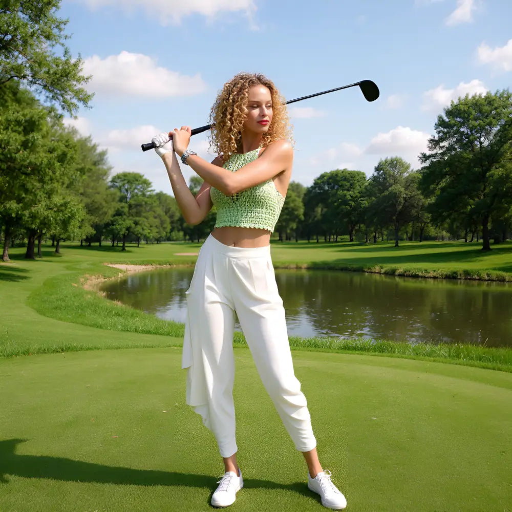 Top dos nu au crochet Pasteline de Cachalabibi - vue de face au golf avec une jeune femme qui fait un swing