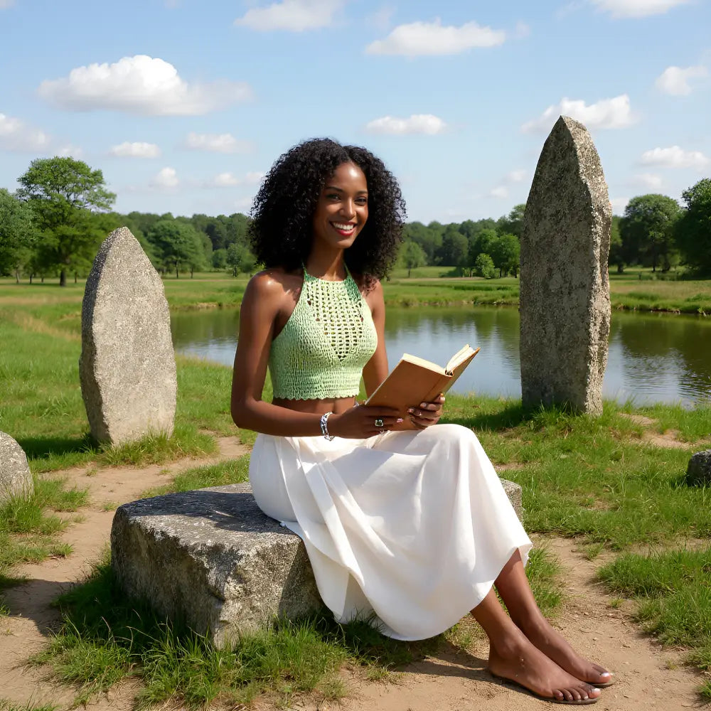 Top dos nu au crochet Pasteline de Cachalabibi - assise en lecture au parc avec quelques menhirs