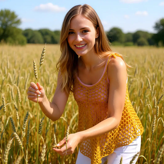 Tunique au crochet Chiccodorzo de Cachalabibi - portée par une jeune femme dans un champ de blé avec des épis de blé en main