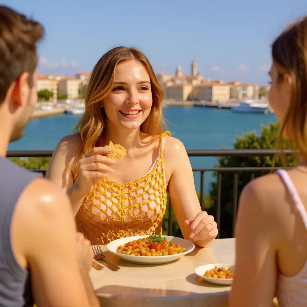 Tunique au crochet Chiccodorzo de Cachalabibi - portée à une terrasse en bord de mer avec ville fortifiée en arrière-plan par une jeune femme 
