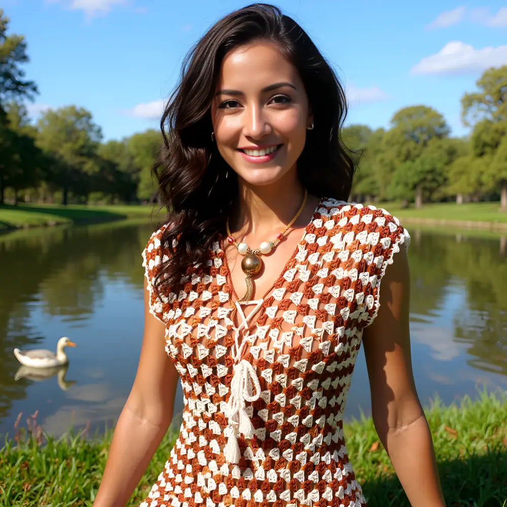 Tunique au crochet Couleur Café de Cachalabibi - portée par une demoiselle devant un étang avec un canard