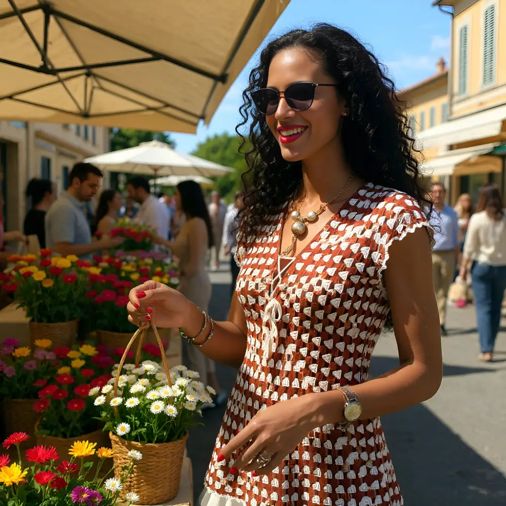 Tunique au crochet Couleur Café de Cachalabibi - laçage frontal et vue de côté d'une femme brune au marché aux fleurs