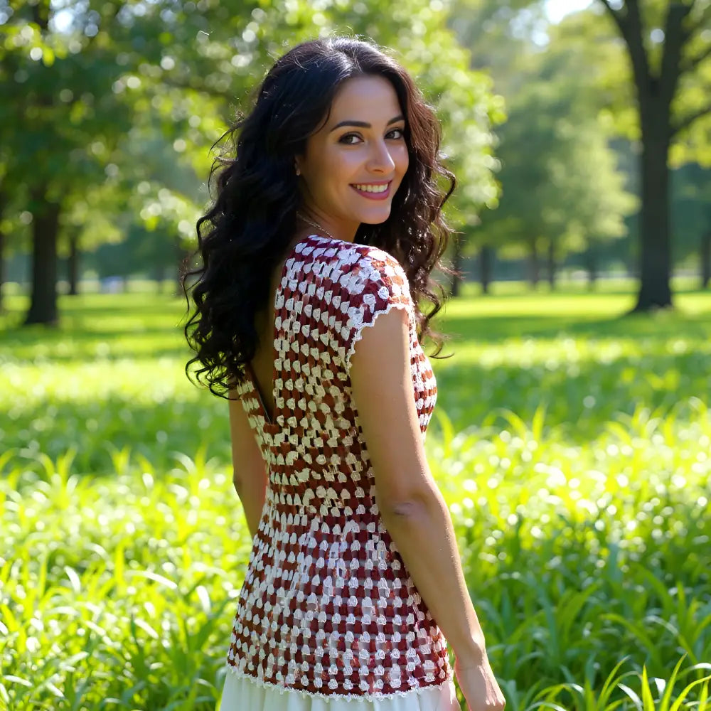 Tunique au crochet Couleur Café de Cachalabibi - portée de côté par une femme dans un parc verdoyant