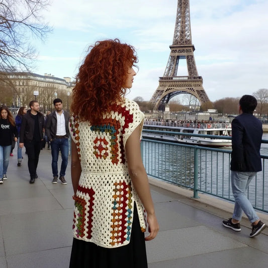 Tunique au crochet Dédalina de Cachalabibi - vue de dos sur les quais de Seine à Paris avec la tour Eiffel