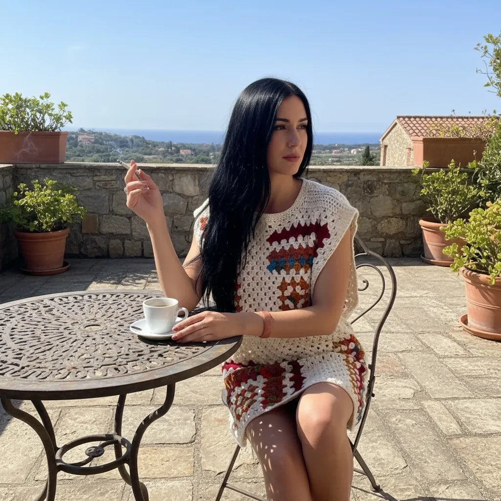 Tunique au crochet Dédalina de Cachalabibi - vue de face d'une jeune femme assise sur une terrasse en hauteur