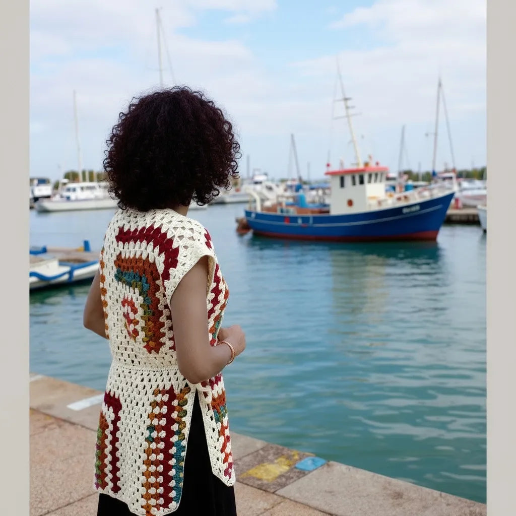 Tunique au crochet Dédalina de Cachalabibi - vue de dos à la marina avec bateaux de pêche et ciel bleu