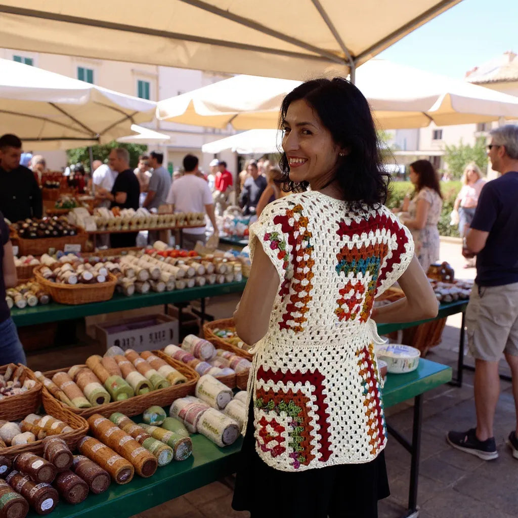 Tunique au crochet Dédalina de Cachalabibi - vue de dos sur un marché provençal fréquenté