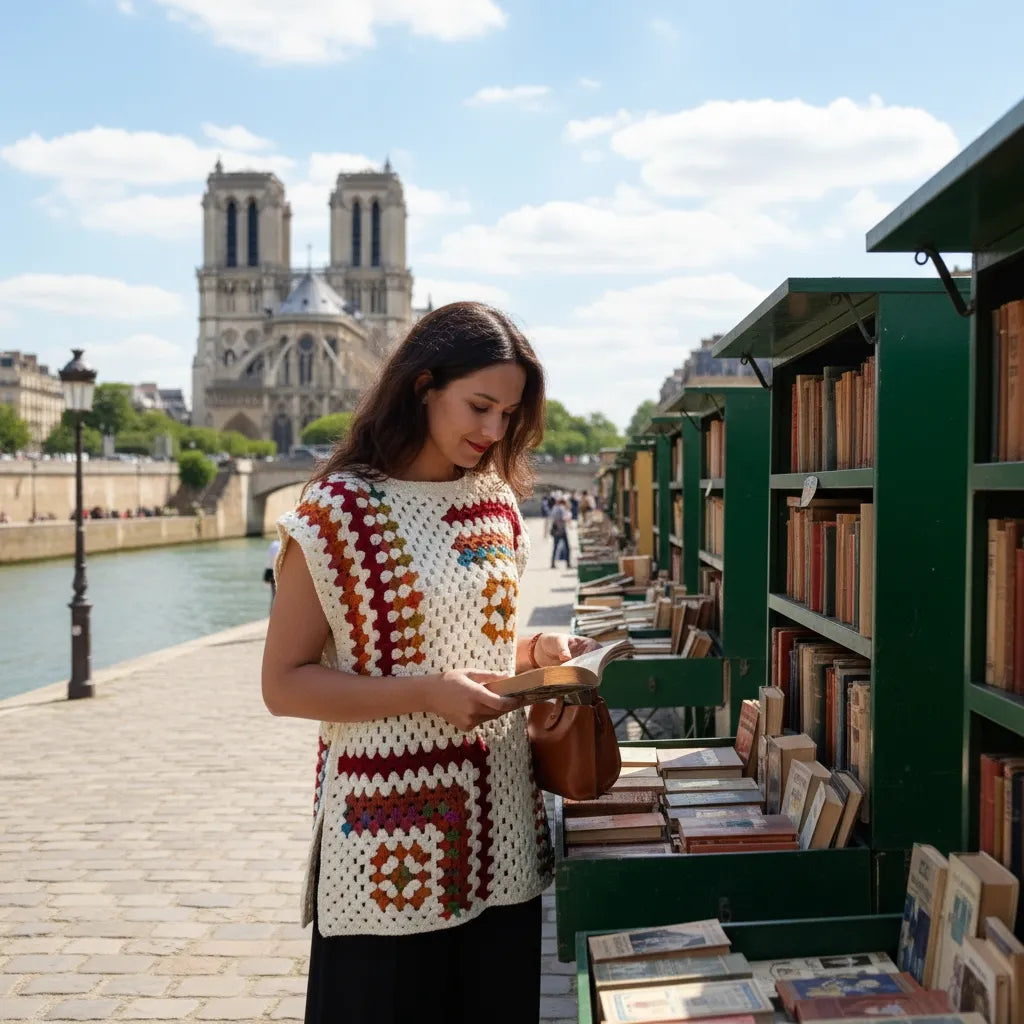 Tunique au crochet Dédalina de Cachalabibi - vue de dos sur les quais de Seine à Paris avec Notre-Dame et bouquinistes